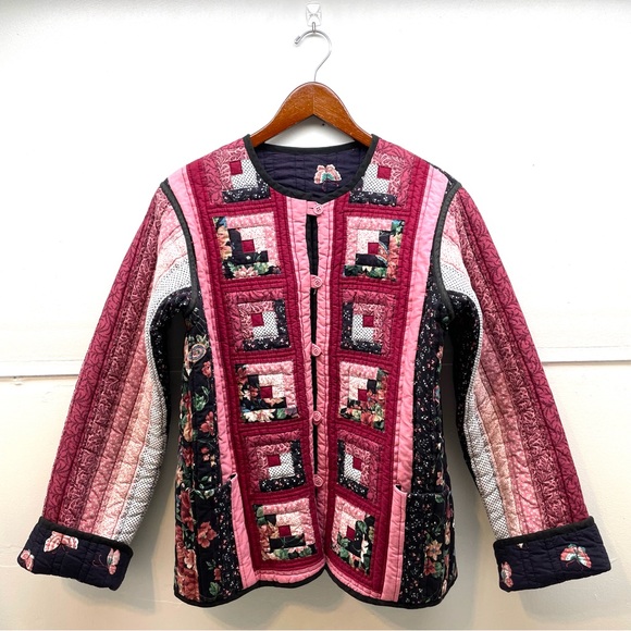 Handmade Reversible Quilted Jacket Log Cabin Stripes and Butterflies Medium - Picture 1 of 11